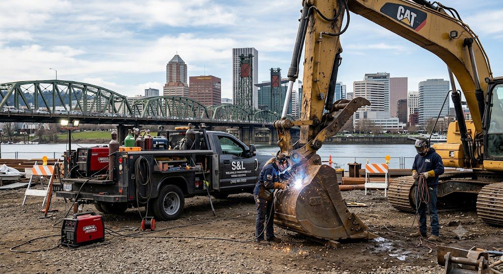 S&L Welding mobile welding truck working on an excavator in Portland, OR construction site with skyline in background