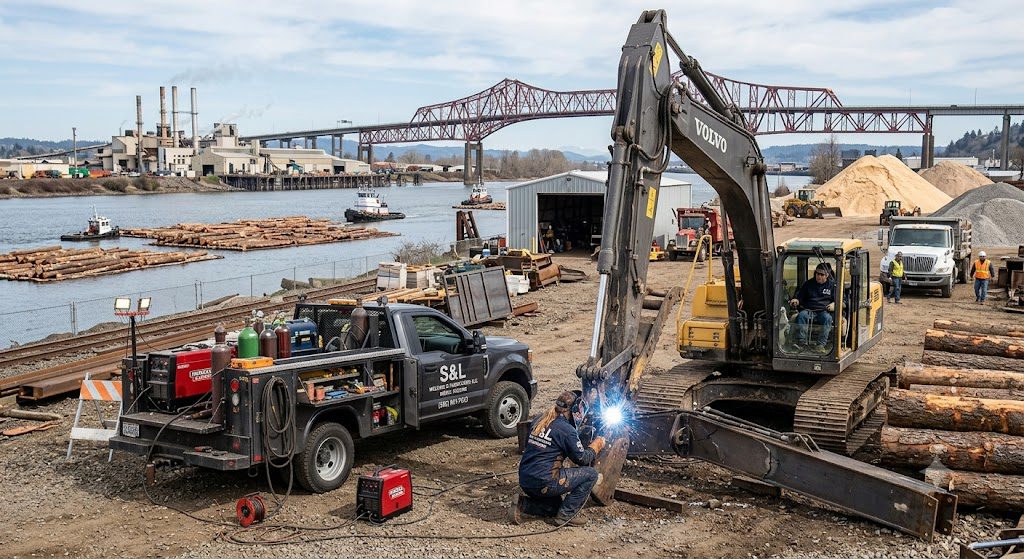 S&L Welding mobile rig performing heavy equipment excavator repair at an industrial job site along the Columbia River waterfront in Longview, WA.