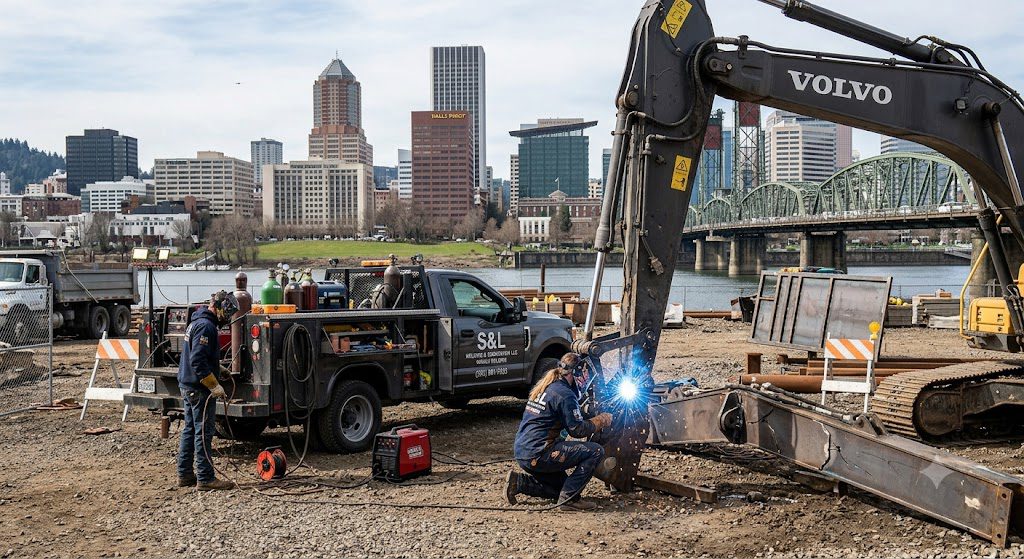 S&L Welding mobile welding truck working on a heavy excavator on a Portland, OR construction site with the city skyline and bridge in the background.