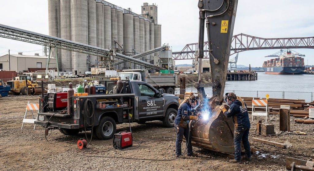 S&L Welding mobile rig parked at a Longview, WA port facility while the team welds a heavy excavator bucket, with grain silos and a cargo ship in the background.